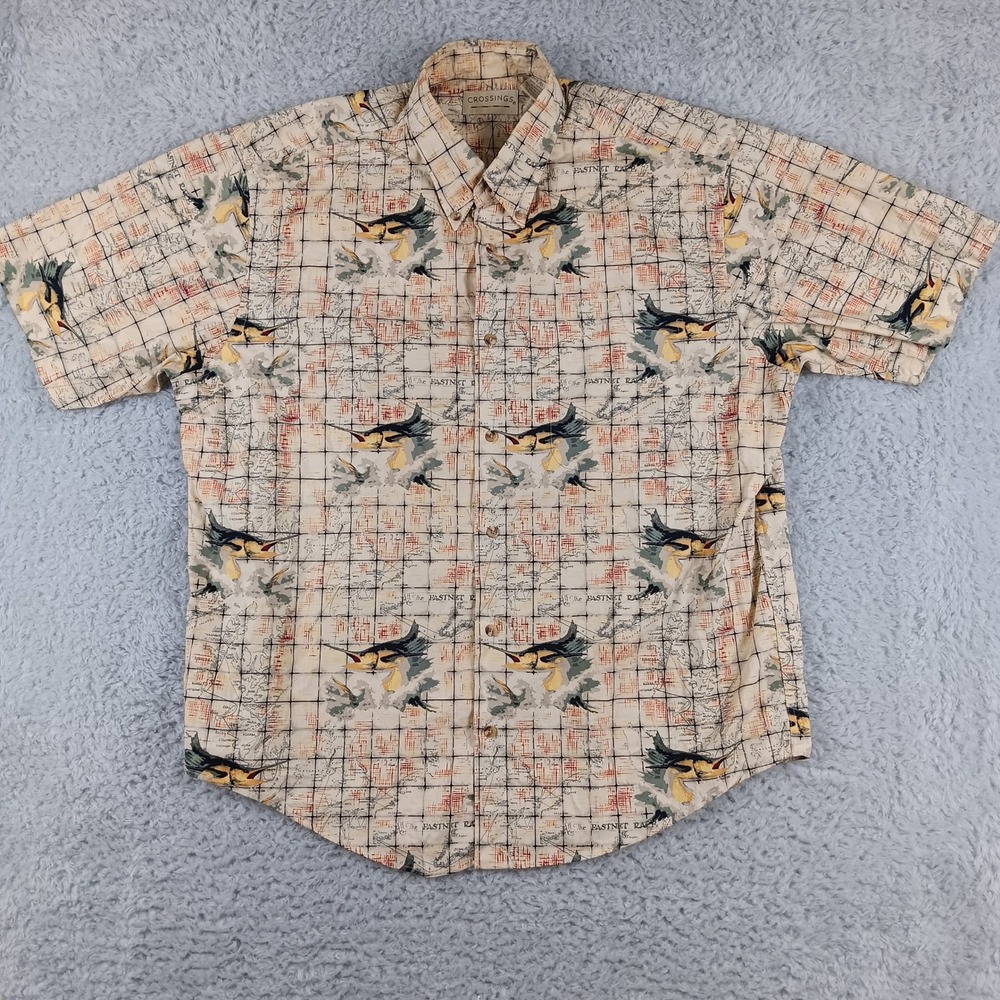 Crossings Mens Large Marlin Nautical Map Fastnet Race Short Sleeve Button‎ Shirt